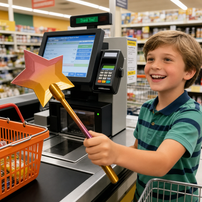 Kisfiú varázspálcával fizet a szupermarket kasszájánál