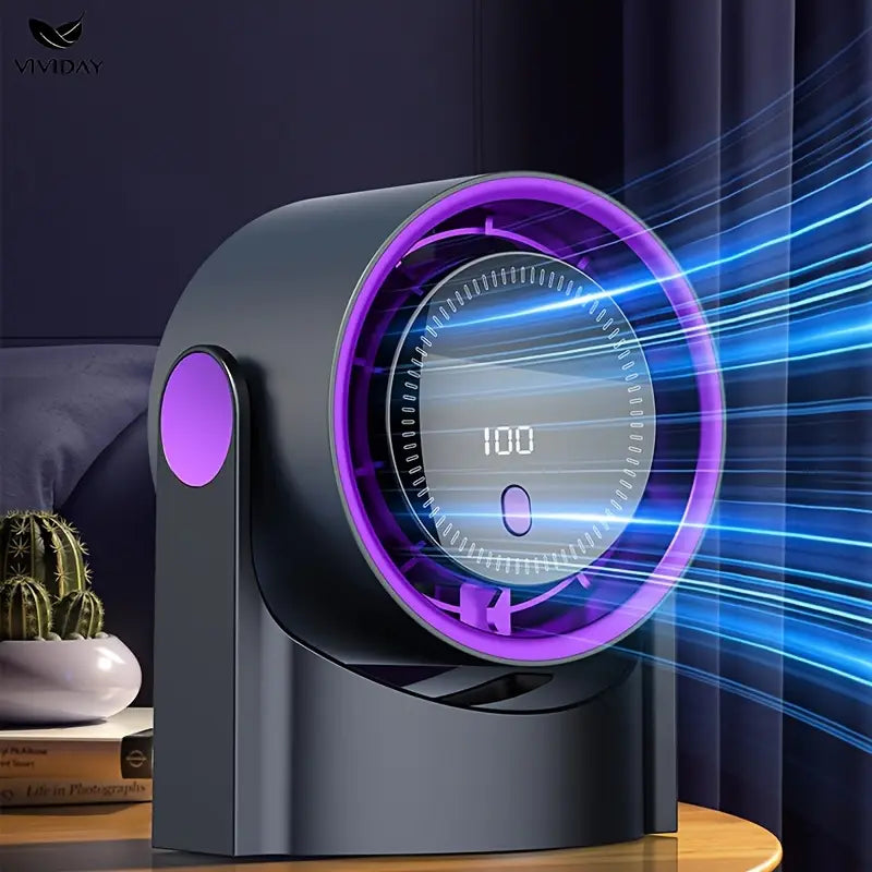 VIVIDAY asztali ventilátor lila LED gyűrűvel és digitális sebességkijelzővel, éjjeliszekrényen kaktusz mellett