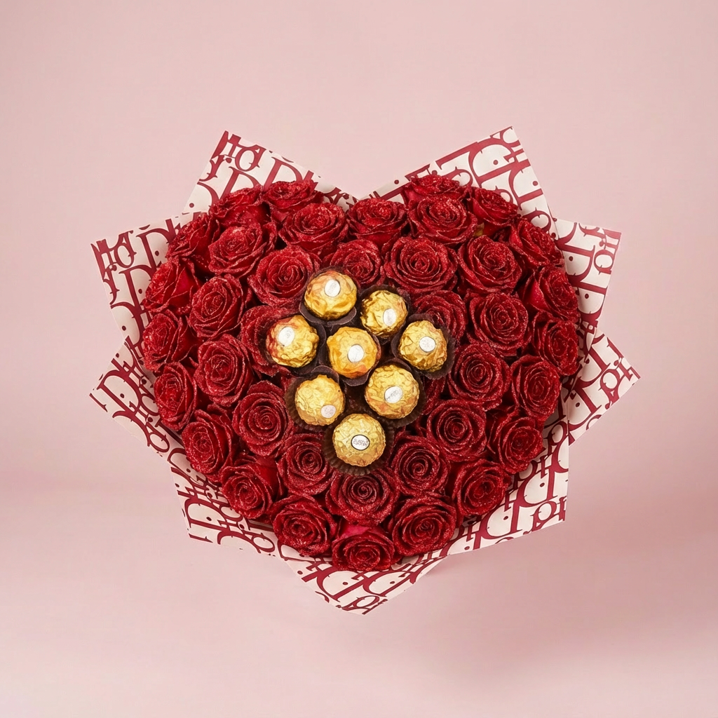 Vörös csillagrózsa szív kompozíció közepén 7 db Ferrero Rocher desszerttel