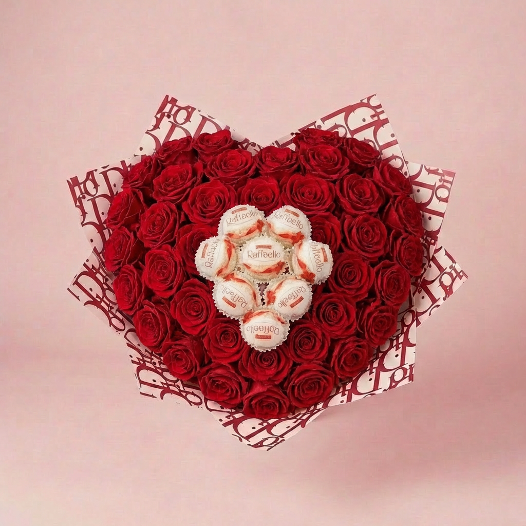 Vörös csillagrózsa szív kompozíció közepén 7 db Raffaello golyóval"